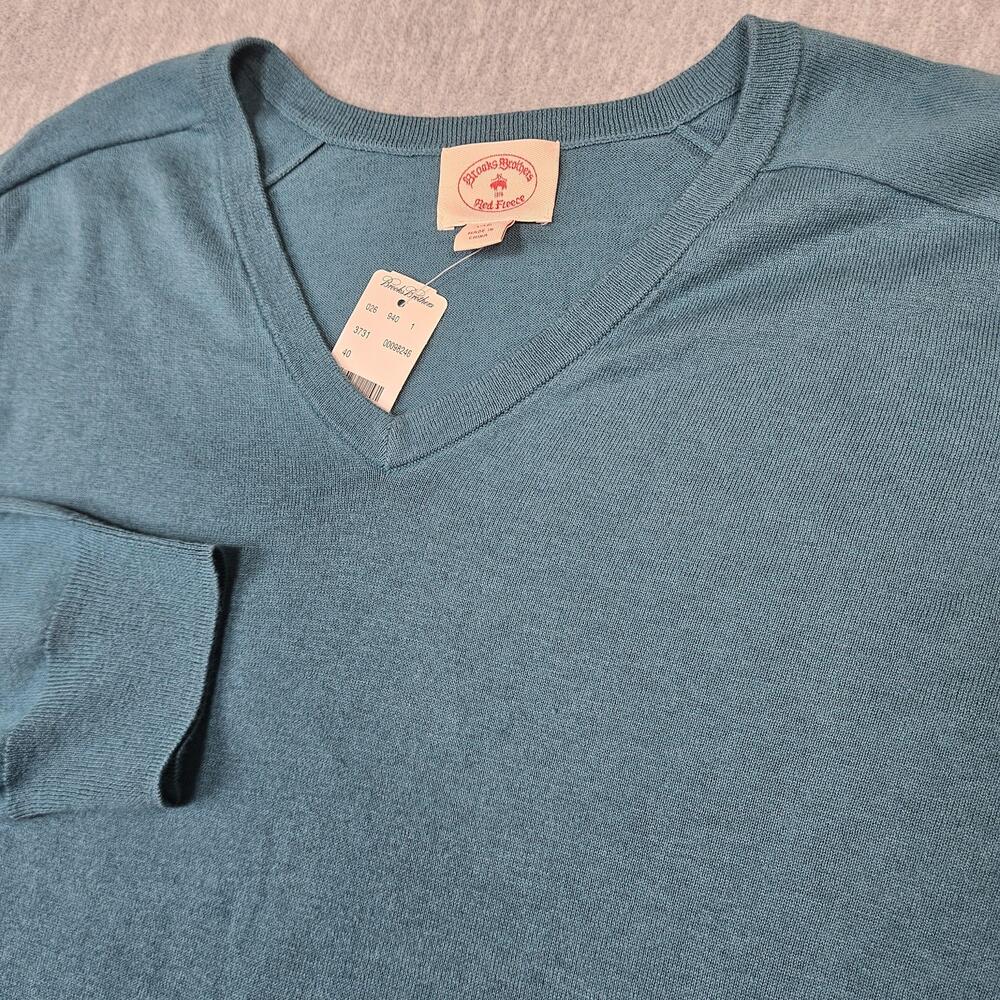 Brooks Brothers Red Fleece Sweater Mens 2XL Blue V-Neck Cotton Cashmere